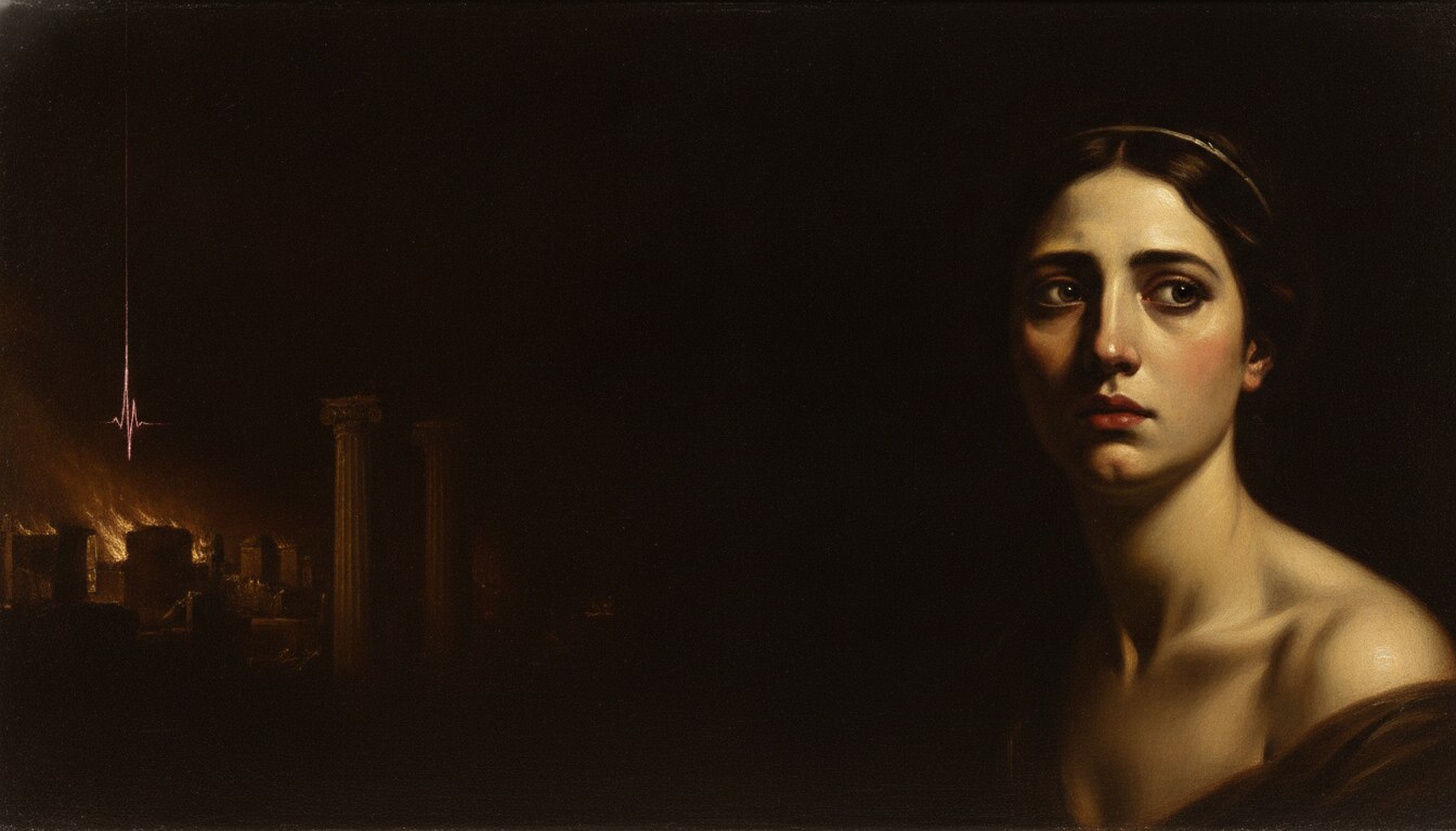 Cassandra, prophetess of Troy: a marble-pale face with a haunted gaze emerging from the dark, in the distant glow of a burning city.