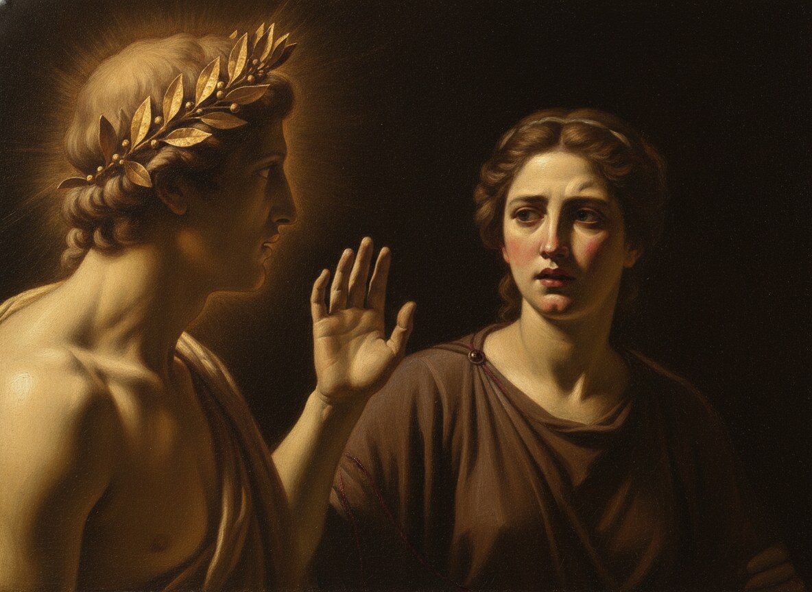 Apollo, laurel-crowned and haloed in golden light, facing Cassandra, who turns her face away and raises a hand to refuse him.