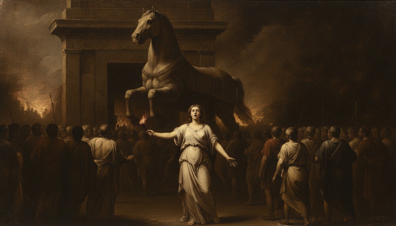 By night, before the gates of Troy, Cassandra raises her arm to warn as the wooden horse is hauled into the city and the crowd turns its back on her.