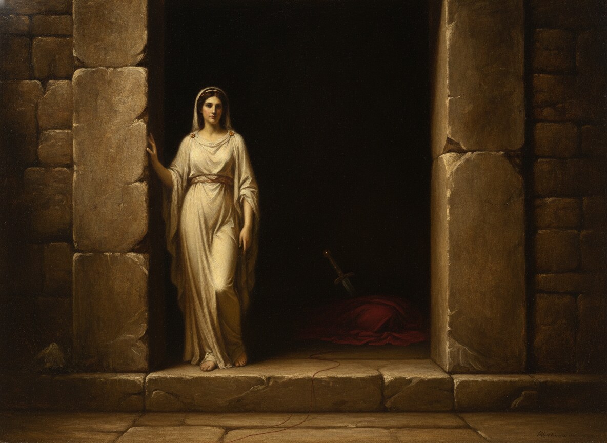 Cassandra in a pale robe on the dark threshold of the palace of Mycenae, her hand on the stone, the calm gaze of one who knows; on the floor, a crimson cloth like spilled wine.
