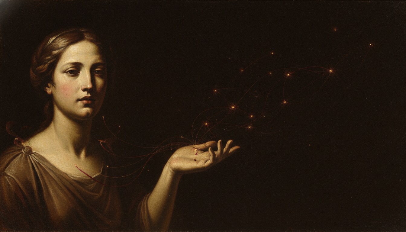 The same marble face, at peace, emerging from the dark; the night around it fills with a constellation of glowing points and fine lines, signals received at last.