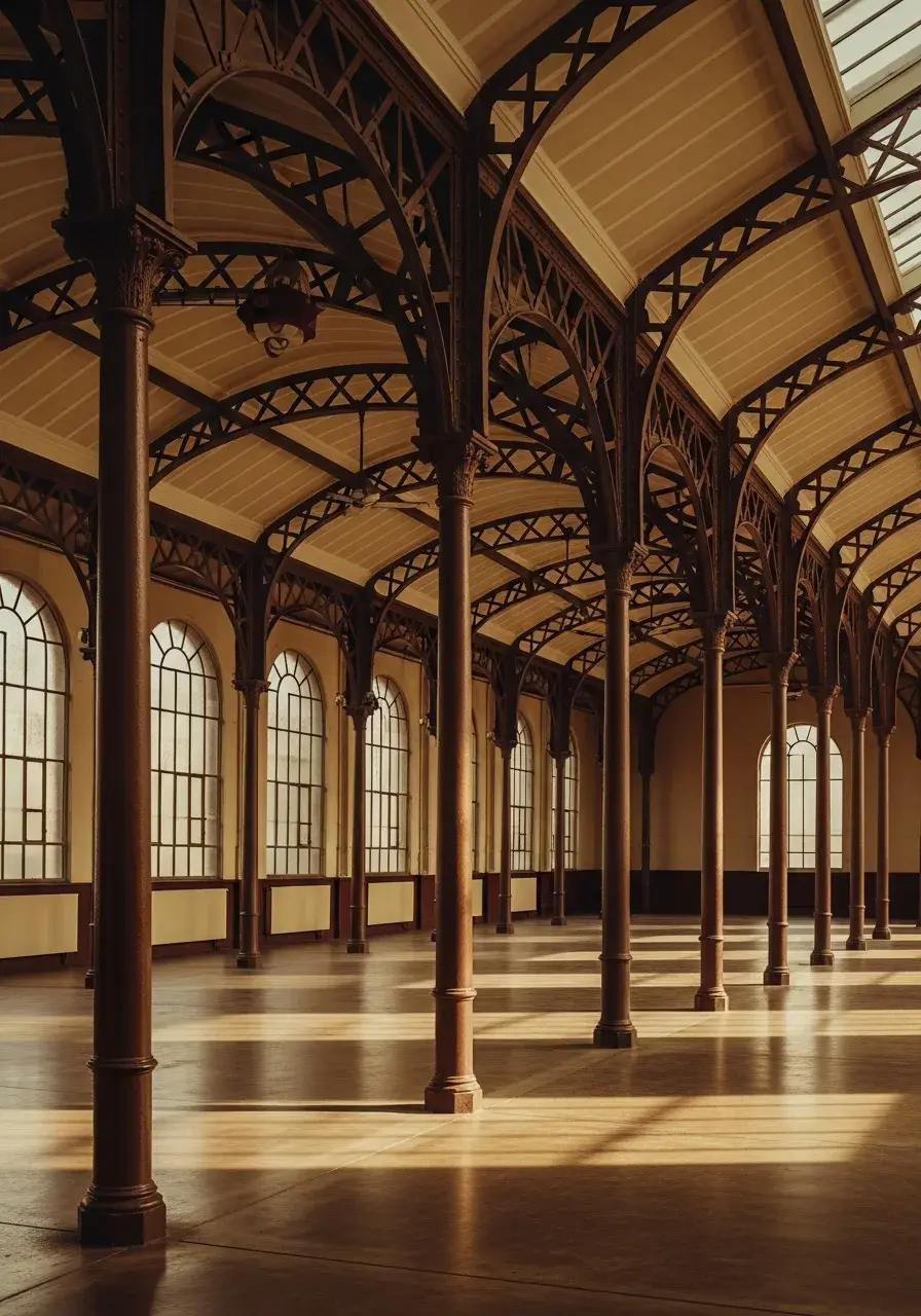 Halle industrielle historique à charpente de fonte — héritage industriel de Verdoso depuis 1997